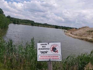 tabliczka informacyjna z zakazem kąpieli na zbiorniku wodnym.