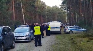 policjanci podczas akcji poszukiwania osoby w lesie.