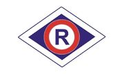 widzimy logo policjanta ruchu drogowego,litera R w czerwonym kole na niebieskim tle.