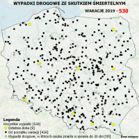 Mapa Polski z zaznaczonymi miejscami wypadków drogowych ze skutkiem śmiertelnym